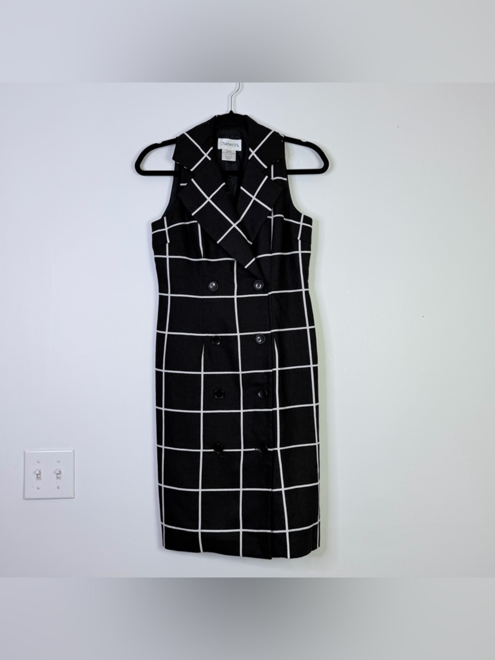 Chadwick’s | Sleeveless Black Grid-Print Double-Breasted Sheath Dress 4P